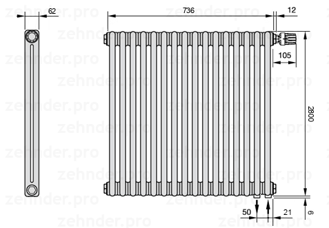 Схема (чертеж) Радиатор Zehnder Charleston 2280/16 №V002 Белый глянцевый RAL 9016